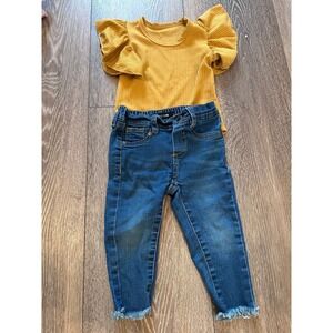 Toddler girl gold marigold fall flutter sleeve‎ bodysuit and Joes jeans denim